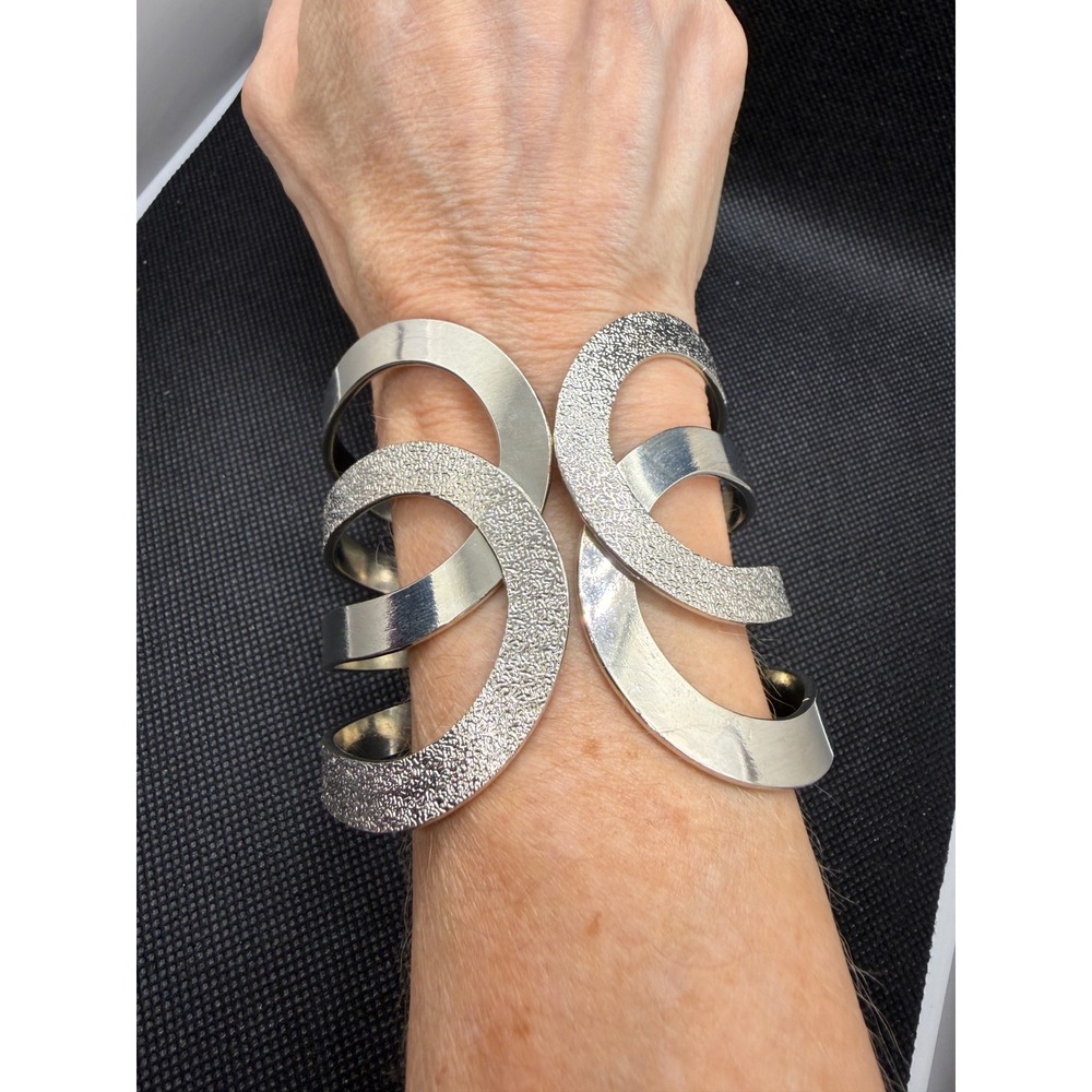 Silver Tone Textured Polished Multi Strand Hinge Cuff Bracelet Statement Jewelry